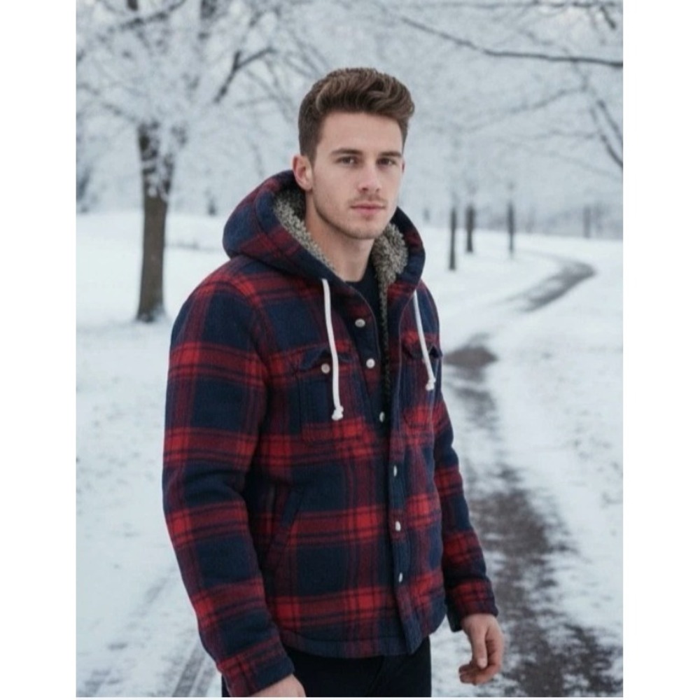 CALI HOLI FAUX FUR LINED FLANNEL HOODIE JACKET RED/NAVY COZY 5XL OUTDOORS‎